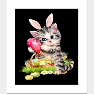 Cute Cat Pet Hunting Egg Tree Bunny Easter Day Posters and Art